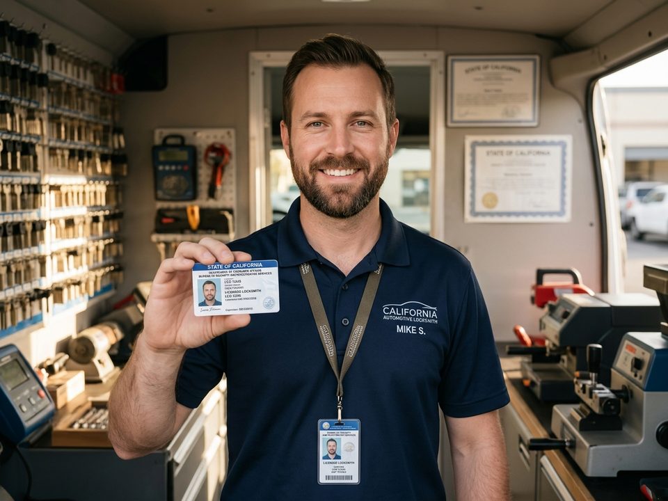BSIS licensed automotive locksmith in California showing credentials